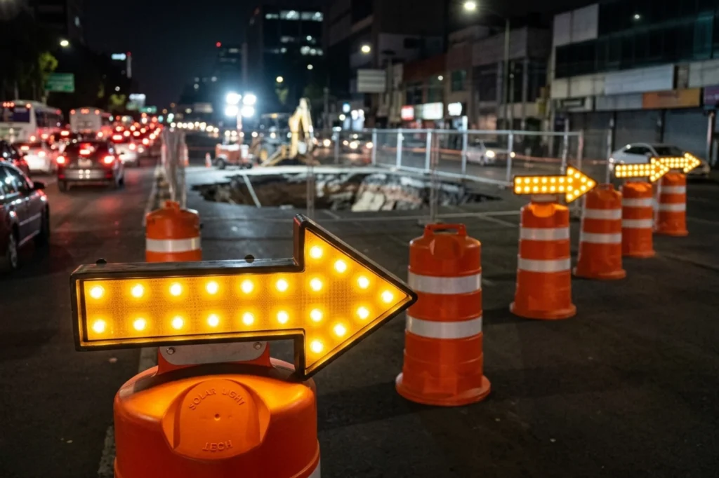 señalizaciones de seguridad con trafitambo con flecha solar indicando desvío por socavón en vialidad urbana
