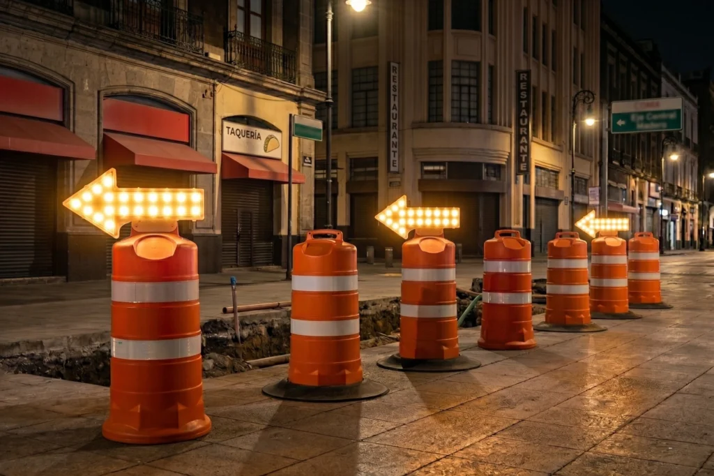 señalización vial con trafitambo con flecha led organizando el tránsito en zona de reparación nocturna