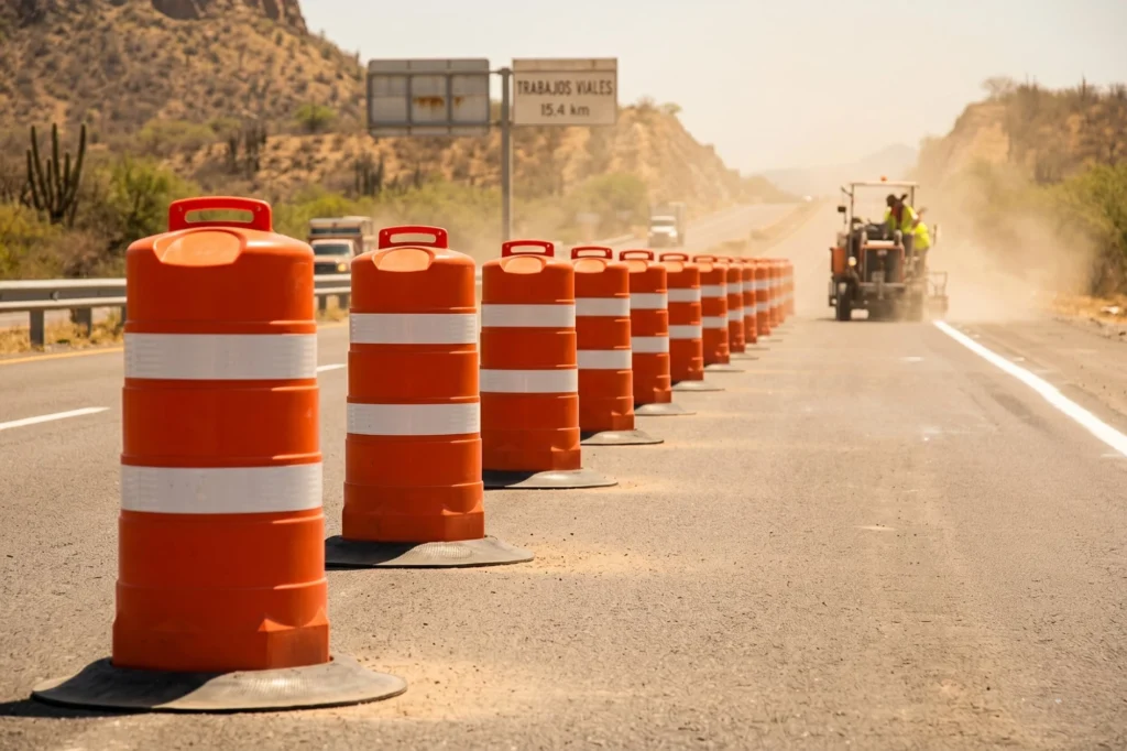 Fila de barriles de tráfico naranjas delimitando un carril de zona de trabajo en una carretera del desierto de México, con un letrero de 'Trabajos Viales'.