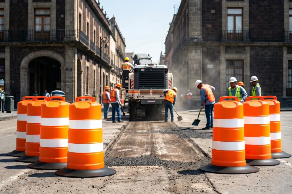 Maquinaria pavimentadora y equipo de trabajadores pavimentando una calle en el centro histórico, rodeada de trafitambos naranjas como señalización vial.