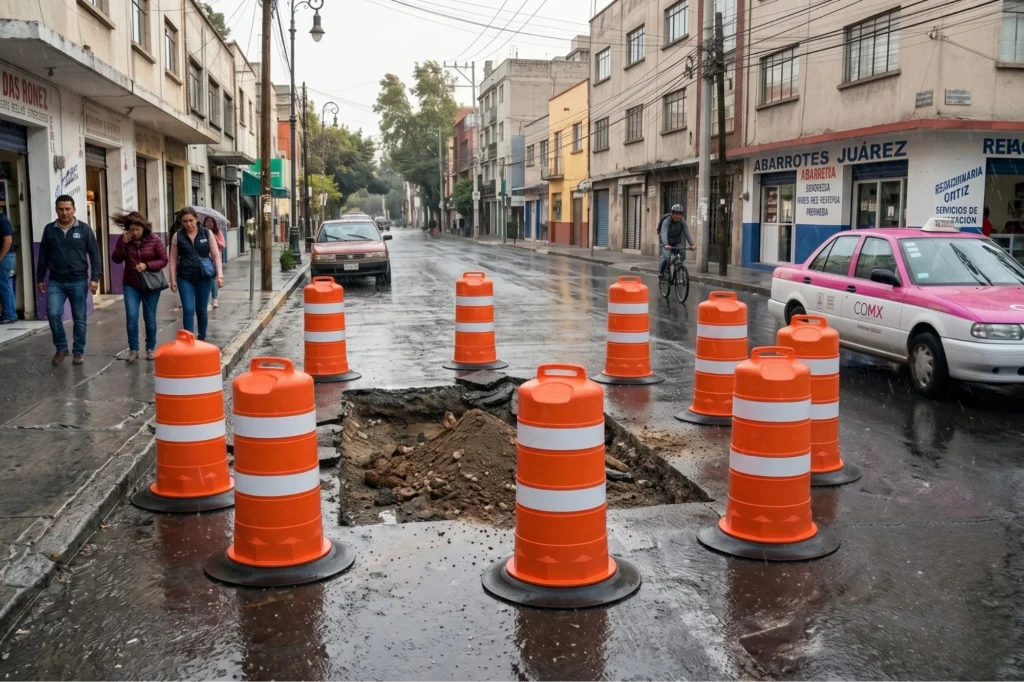Zona de trabajo en una calle de la ciudad con barriles naranjas de señalización vial rodeando una excavación para bacheo, con peatones y un taxi rosa de CDMX.