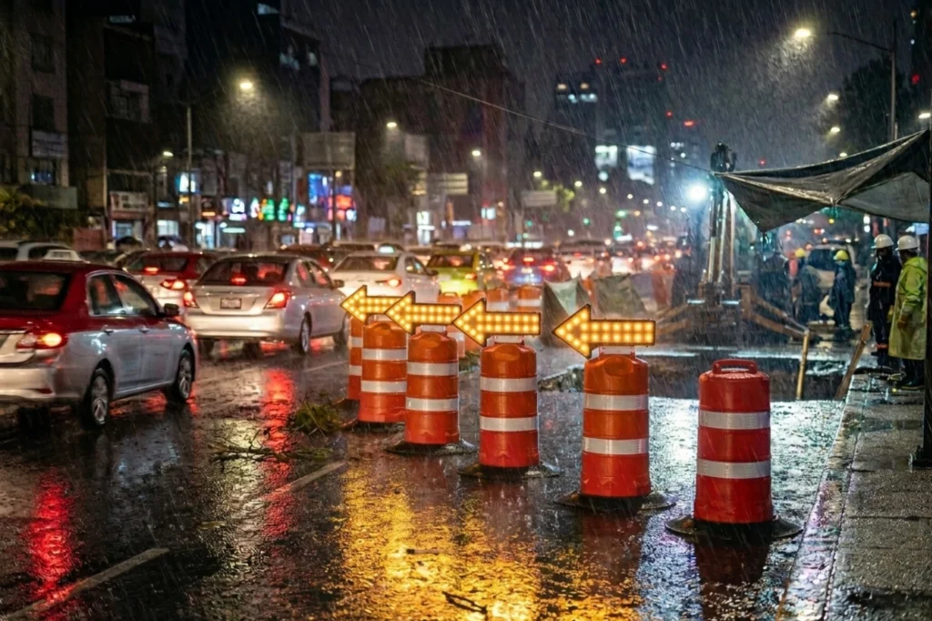 dispositivos de seguridad vial con trafitambos con flechas luminosas alertando cierre parcial por obra bajo lluvia