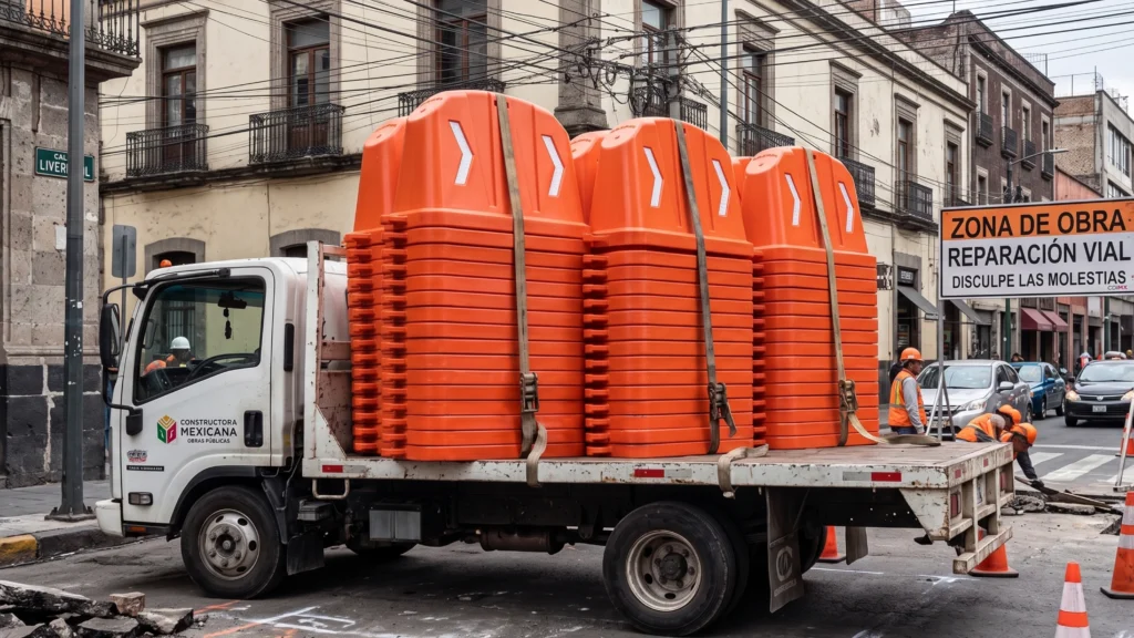 Barreras anidables Robust 835 transportadas en camión optimizando espacio y logística en zona urbana