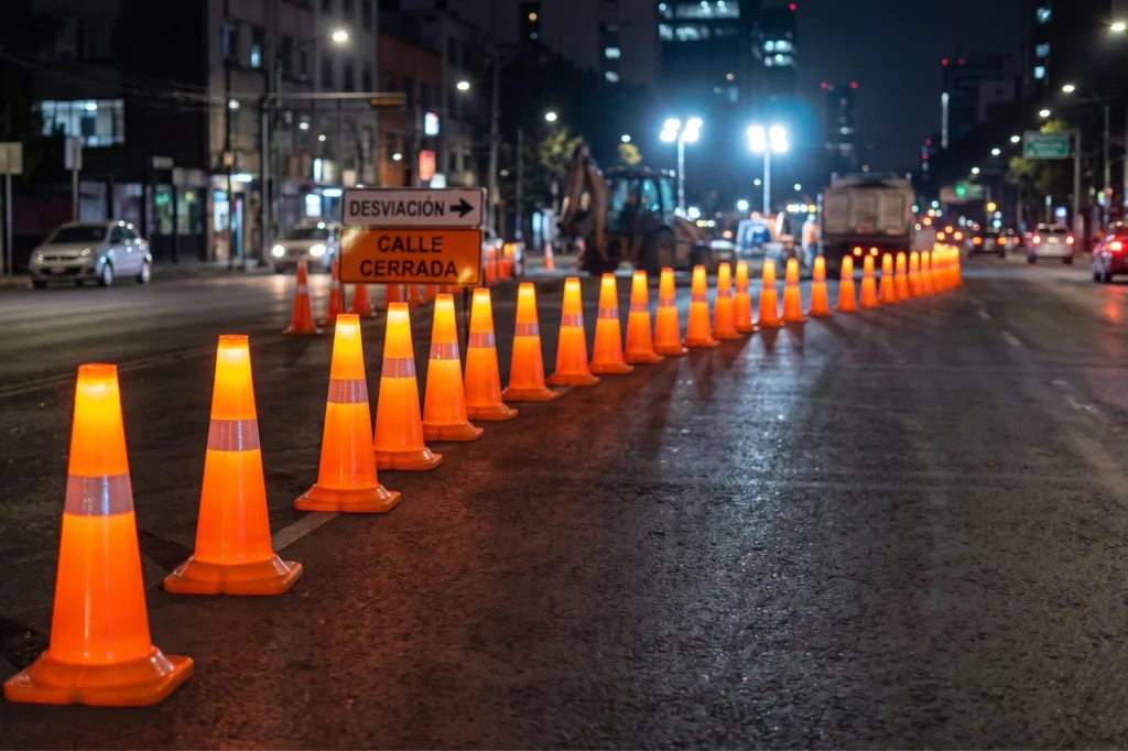 Extensa fila de conos viales led solares creando un perímetro alrededor de una zona de obras con un letrero de 'calle cerrada' de noche, para guiar el tráfico con seguridad con el Cono Lux 75