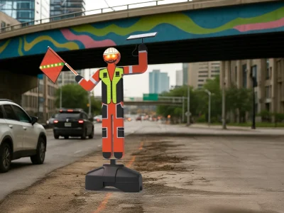 Banderero robust robotizado con chaleco reflectante y panel solar, sosteniendo banderola luminosa en una avenida urbana con tráfico y puente peatonal al fondo.