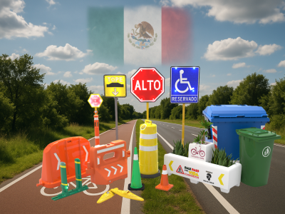 Señalética mexicana que salva vidas: conjunto de señales viales y elementos de seguridad como barreras, conos, botes de basura y señalamientos de ciclovía sobre una carretera con fondo de naturaleza y bandera de México.