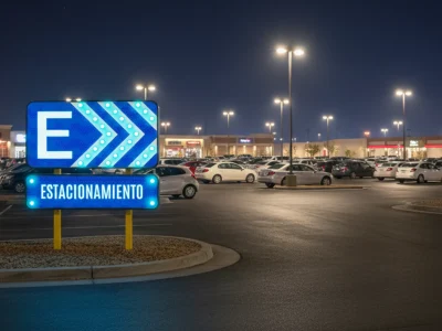 Señal de estacionamiento azul con letra E para indicar zonas de acceso y control vehicular.